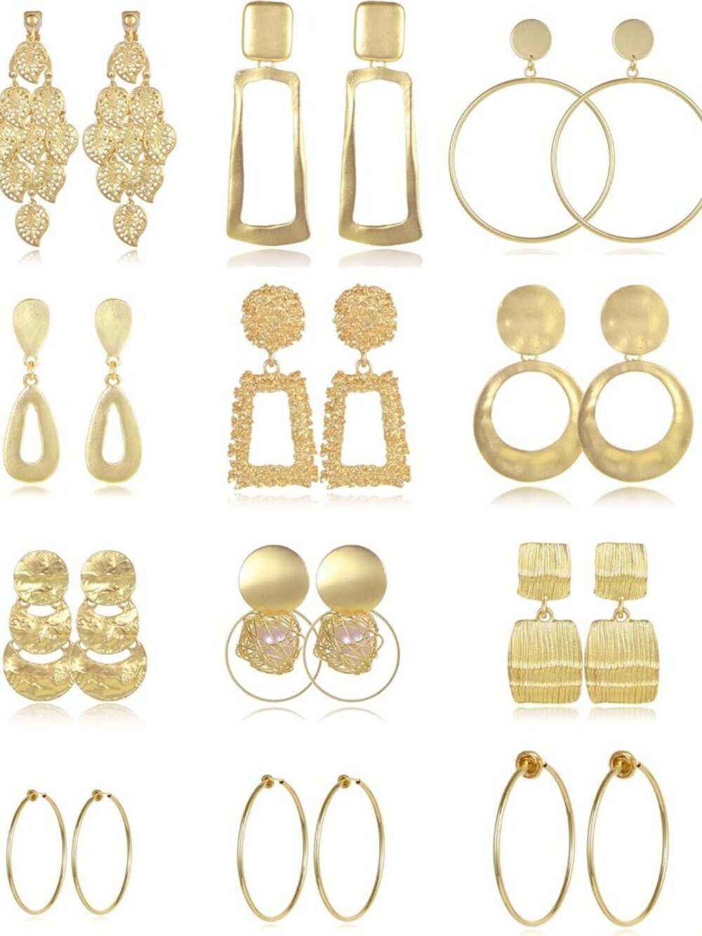 12 Pairs Geometric Clip-On Hoop Earrings for Women - Chunky No-Piercing Styles